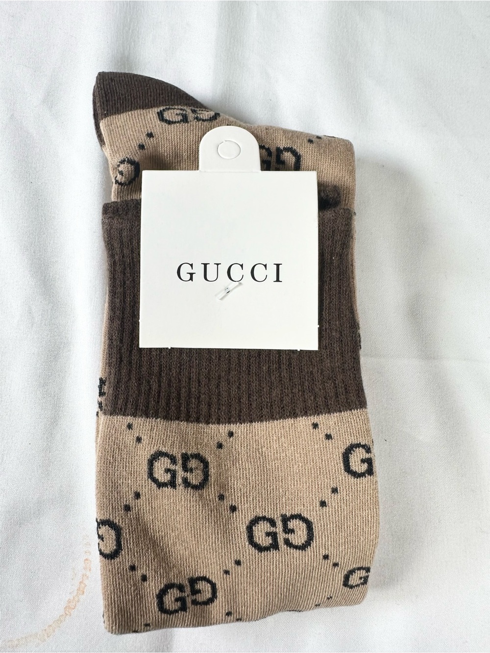 Fashion Luxury Tan & Chocolate GG Pattern Crew Socks “17 cuff to toe (Unisex)